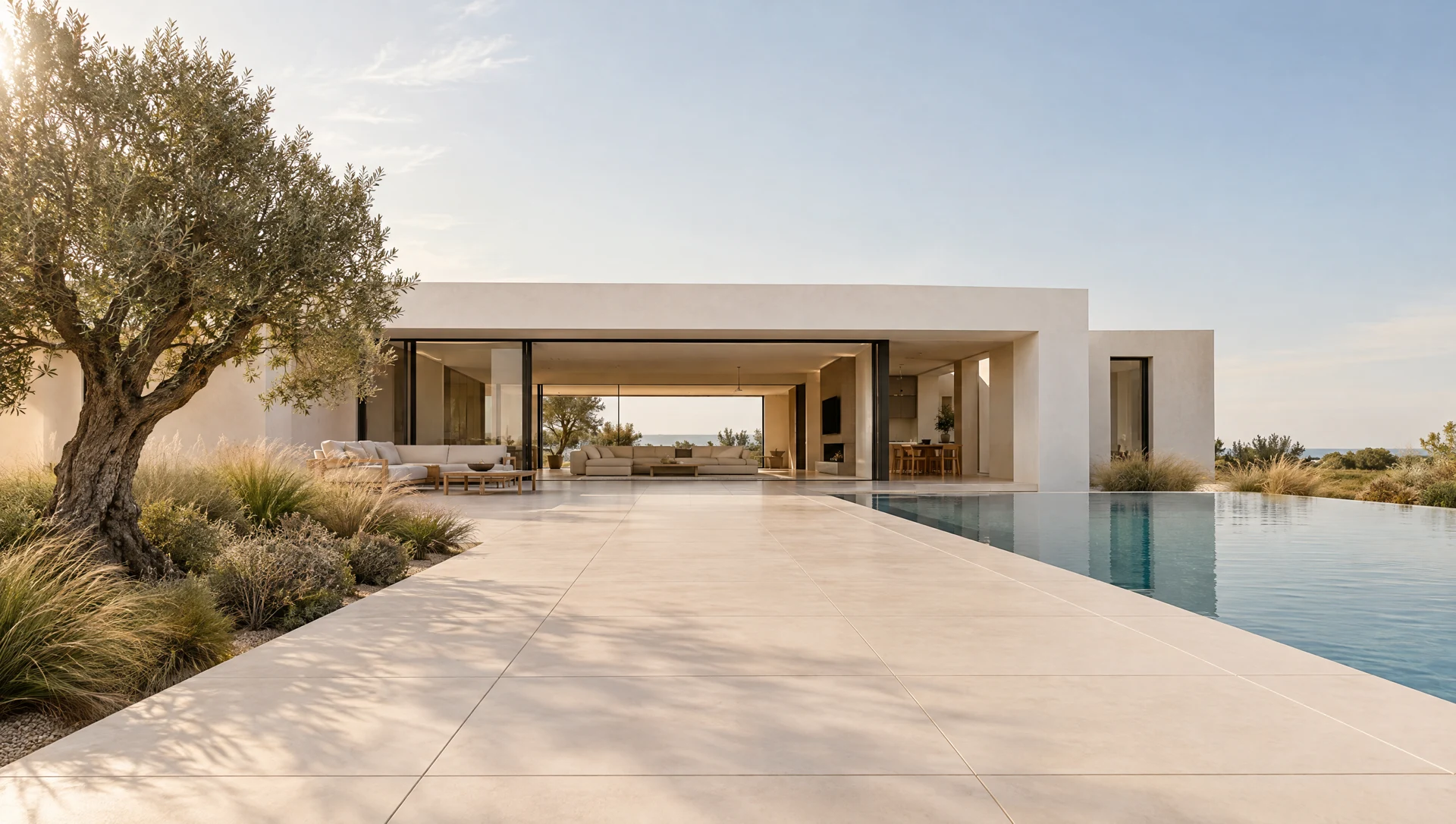 Terrasse de la villa conceptuelle et continuité des sols